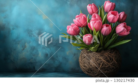 Pink tulips arranged in woven basket against blue wall, spring decoration concept 130217430