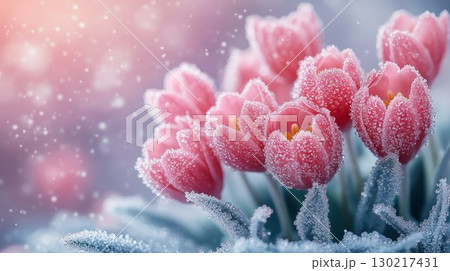 Pink tulips covered in frost crystals against winter background, nature transformation 130217431