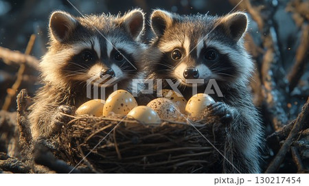 Raccoon pair guarding nest with speckled eggs at sunrise, natural behavior concept 130217454