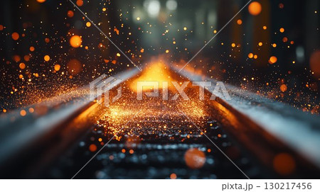 Railway tracks illuminated by golden sparks, mystical journey concept 130217456