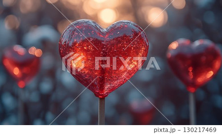 Red glass heart glowing with light against bokeh background, love concept 130217469