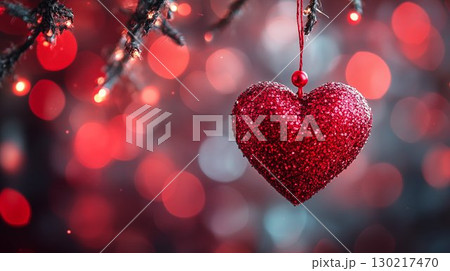 Red glitter heart ornament suspended against bokeh lights, festive decoration concept 130217470