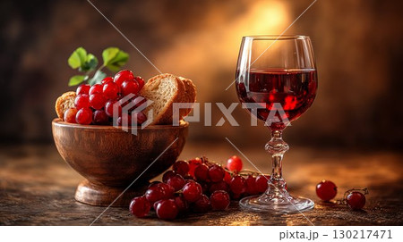 Red grapes cluster with wine glass on wooden bowl, rustic harvest composition 130217471