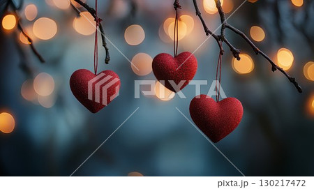 Red heart ornaments hanging from winter branches with bokeh lights, holiday decoration concept 130217472