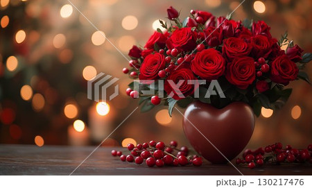 Red roses arranged in heart-shaped vase with seasonal berries creating romantic Valentine's Day decoration against warm bokeh background 130217476