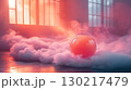 Red sphere floating among clouds with sunlight, surreal atmospheric concept 130217479
