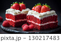 Red velvet cake slices with fresh berries on slate plate, gourmet dessert concept 130217483