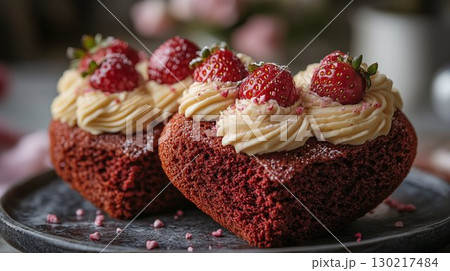 Red velvet cupcakes decorated with cream and strawberries, gourmet dessert concept 130217484