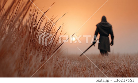 Hooded warrior with sword at sunrise 130217553