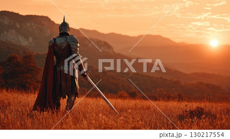 Armored knight in mountains at sunset 130217554