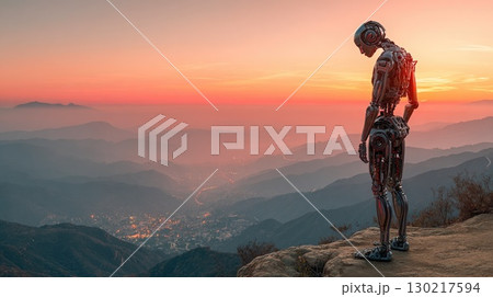 Robot Looking at Sunset over Mountains Robot Looking at Sunset over Mountains 130217594