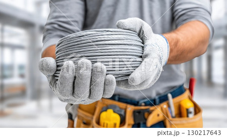 Steel Cable Roll in Hands 130217643