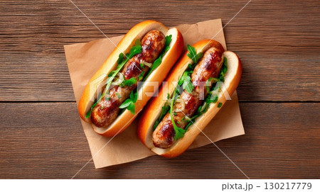 Grilled Sausage Hot Dogs with Greens 130217779