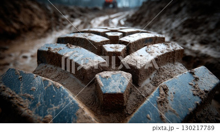 Closeup of Muddy Tire Tread in Dirt Closeup of Muddy Tire Tread in Dirt 130217789