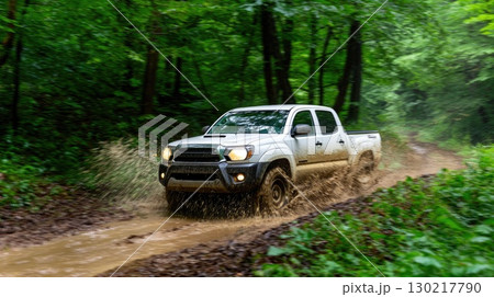 Pickup Truck Driving Through Muddy Trail 130217790