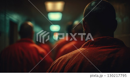 Prisoners Walking in Dark Prison Hall 130217795