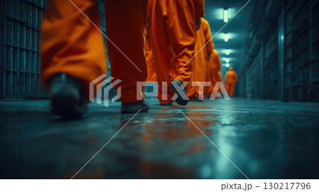 Prisoners Walking in Jail Corridor 130217796