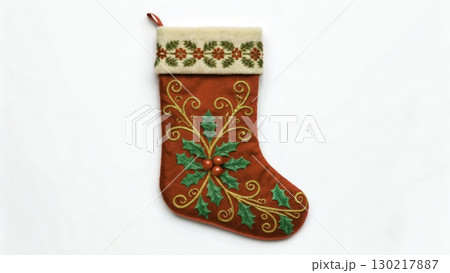 Holiday stocking decorated with holly and gold embroidery on bright red fabric for festive decor Holiday stocking decorated with holly and gold embroidery on bright red fabric for festive decor 130217887