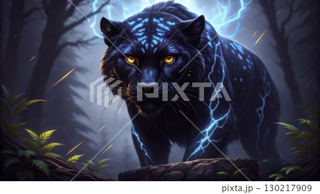 Black panther surrounded by lightning in an enchanted forest at dusk Black panther surrounded by lightning in an enchanted forest at dusk 130217909