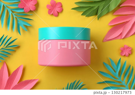 Skincare jar template with colorful tropical design. 3D mockup with copy space for branding or packaging of cosmetic products. 130217973