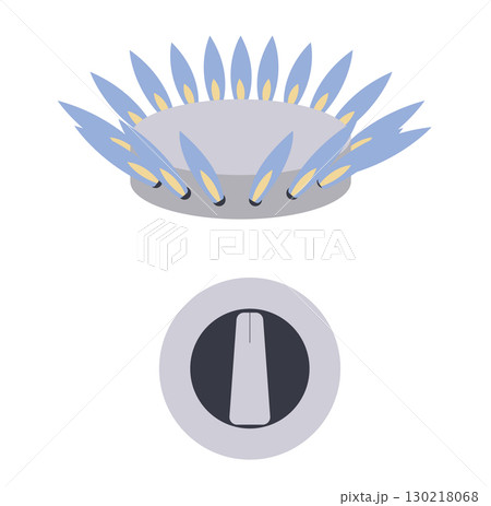 Gas burner with blue flame and gas supply adjustment knob. Vector illustration. 130218068