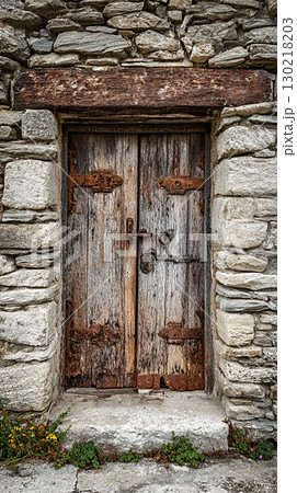 Weathered wooden door with iron hinges, stone wall background, rustic detail 130218203