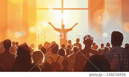 Christian worship God together in Church hall 130218434