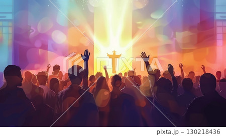 Christian worship God together in Church hall 130218436