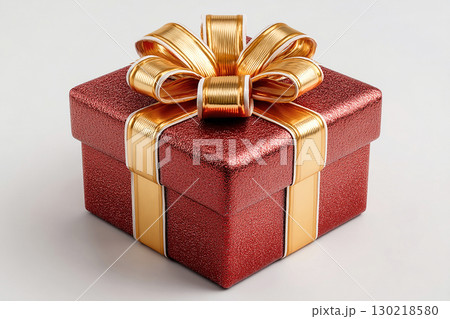 Luxury packaging. Classic Red Gift Box with Gold bow on white background. Representing Christmas. 130218580