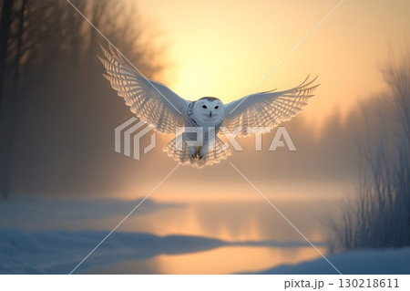 A Majestic and Elegant Snowy Owl Glides Gracefully Through the Air Against the Beautiful Backdrop of a Winter Sunset A Majestic and Elegant Snowy Owl Glides Gracefully Through the Air Against the Beautiful Backdrop of a Winter Sunset 130218611