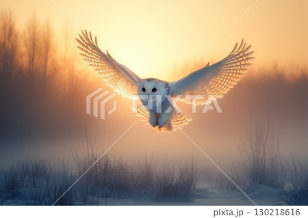 A Majestic and Elegant Snowy Owl Glides Gracefully Through the Air Against the Beautiful Backdrop of a Winter Sunset A Majestic and Elegant Snowy Owl Glides Gracefully Through the Air Against the Beautiful Backdrop of a Winter Sunset 130218616