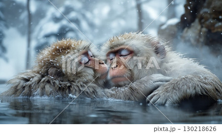In the Snowy Hot Springs, Two Cute Monkeys are Relaxing and Enjoying Blissful Winter Moments in Nature In the Snowy Hot Springs, Two Cute Monkeys are Relaxing and Enjoying Blissful Winter Moments in Nature 130218626
