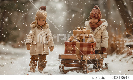 Two little children in vintage winter clothes, standing by wooden sled with Christmas presents 130218648