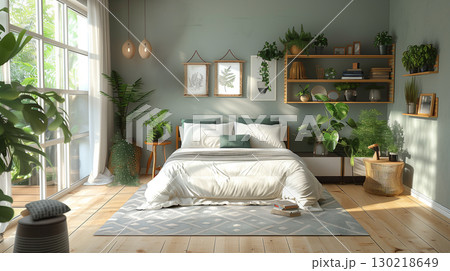 Cozy modern bedroom interior with natural light and green plants in Scandinavian style 130218649