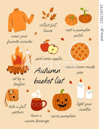 Fun and cute list of autumn activities and to-do s Vector graphics. Fun and cute list of autumn activities and to-do s Vector graphics. 130218747