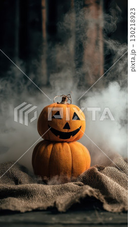 Festive pumpkin with spooky designs and fog 130218923