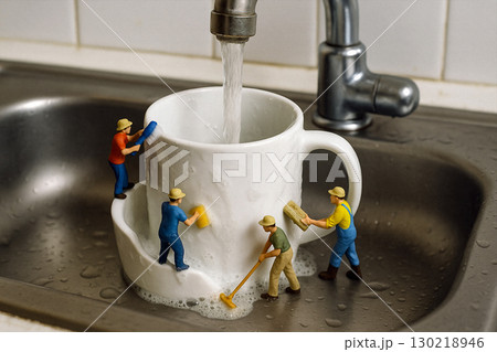 Miniature people wash a white porcelain coffee mug under a running sink faucet, scrubbing with a foam-covered brush that creates bubbles, crafting a playful surreal miniature world. 130218946