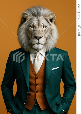 Stylish silver-haired lion in a dark turquoise suit, amber background, Professional studio photo shoot.Confident pose, green blazer, amber vest, white shirt, tie. Glossy, minimal, surreal luxury ad 130219062