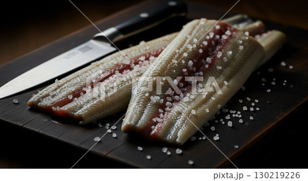 Fresh Eel Fillets with Sea Salt on a Dark Wooden Board 130219226