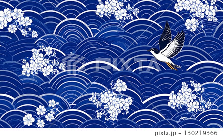 千鳥と波模様が舞う和柄背景 130219366