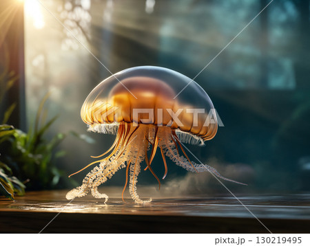 Golden jellyfish swim in fantacy world. AI Generated. 130219495