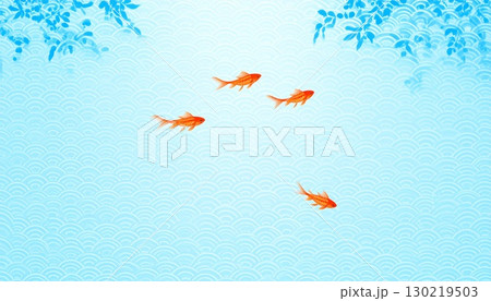 流水と金魚が泳ぐ涼やかな夏和柄背景 130219503