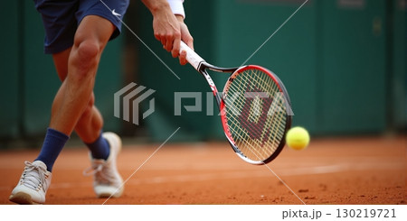 A tennis racket swings mid-action, with the ball in sharp focus, capturing the intensity and speed of the game. 130219721