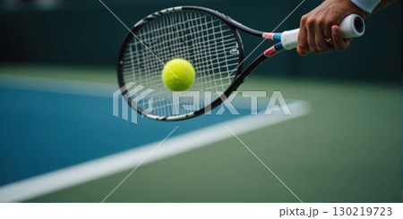 A tennis racket swings mid-action, with the ball in sharp focus, capturing the intensity and speed of the game. 130219723
