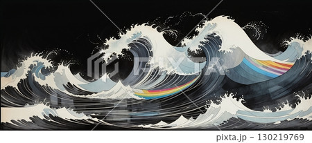 Colorful graphic landscape with breaking waves in a drawn illustrative style on a dark background - ai generated 130219769