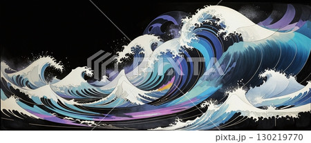 Colorful graphic landscape with breaking waves in a drawn illustrative style on a dark background - ai generated 130219770