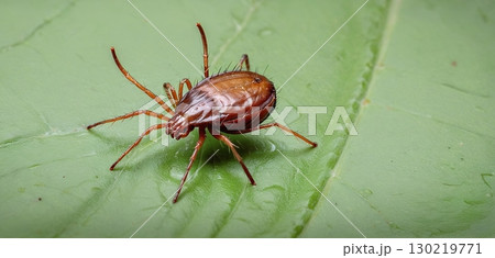tick crawls over lush green forest leaves after a summer rain - ai generated 130219771