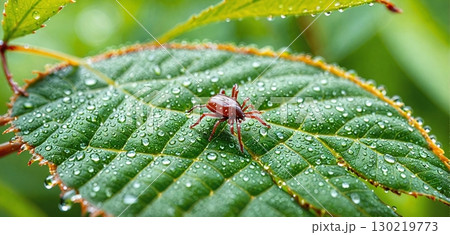 tick crawls over lush green forest leaves after a summer rain - ai generated 130219773