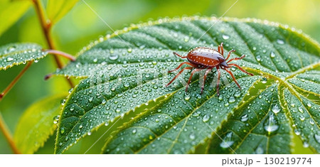 tick crawls over lush green forest leaves after a summer rain - ai generated 130219774