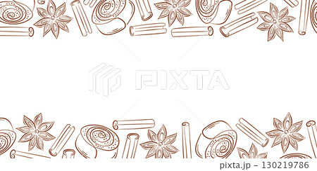 Horizontal frame with cinnamon roll cupcake, star anise and sticks in line art style. Ideal for bakery wallpaper, flyer, cafe design and sweet dessert delivery package. 130219786
